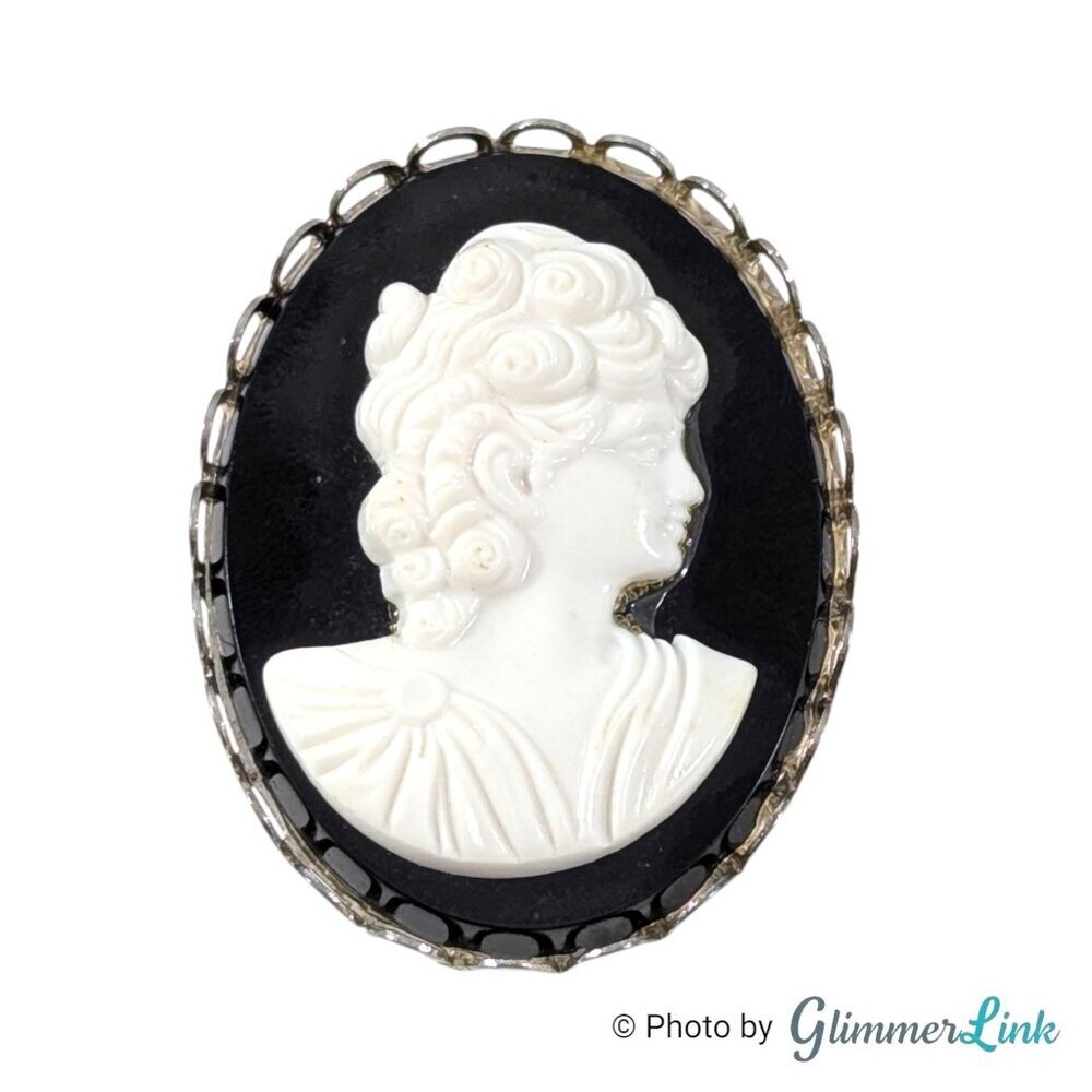 Vintage Black White Lady Silhouette Cameo Brooch Silver Tone